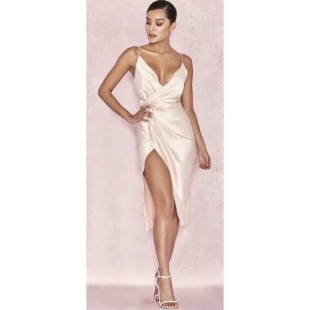 HOUSE OF CB Coco Drape Back Satin Wrap Midi Dress in Nude Champagne - Size S